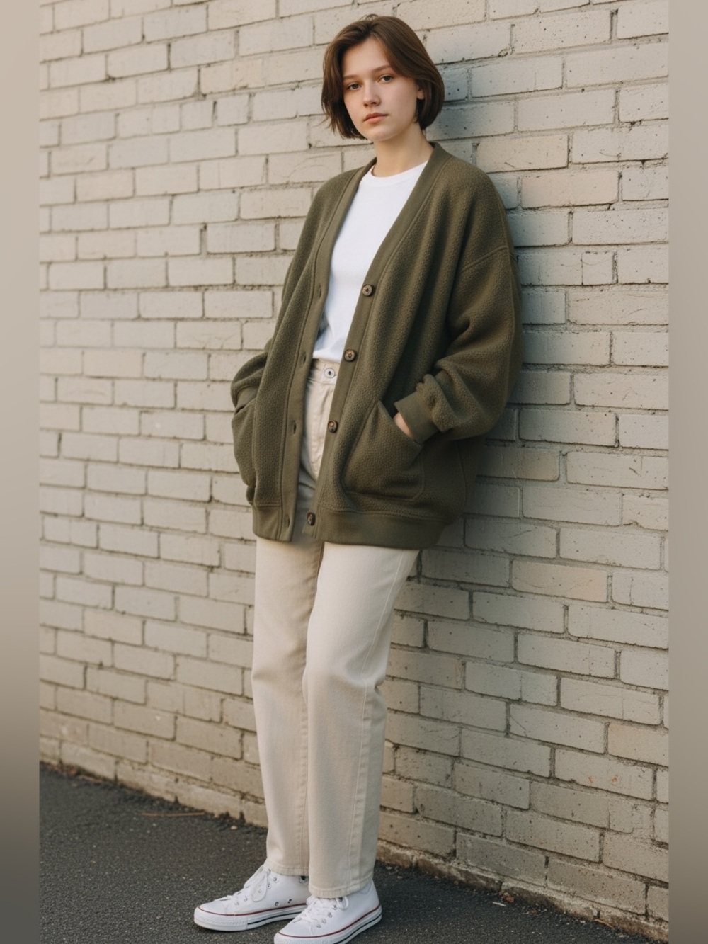 LA MIEL Olive Green Button-Front Fleece Cardigan